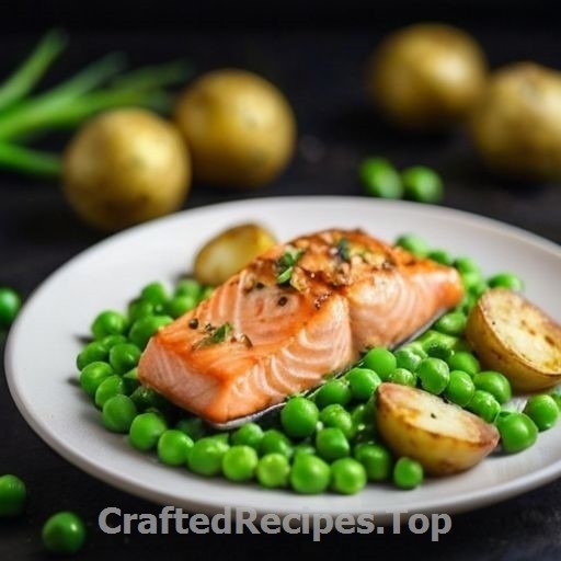 Baked Salmon with Potatoes Leeks and Green Peas