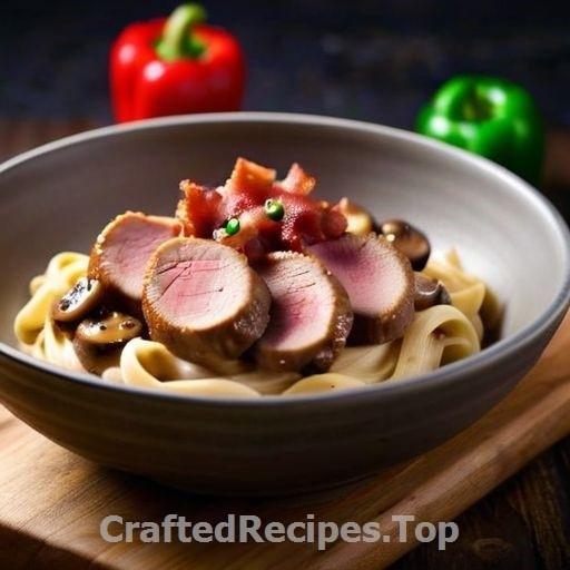 Pan-Seared Pork Tenderloin with Green Peppercorn Cream Sauce, Bacon, and Mushrooms